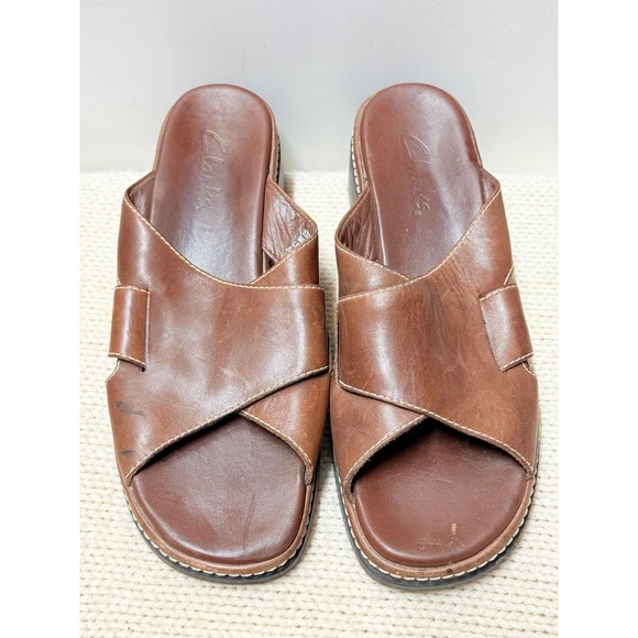 Clarks Leather Brown Criss Cross Slides Sandals Womens Size 8N Narrow - Picture 1 of 6